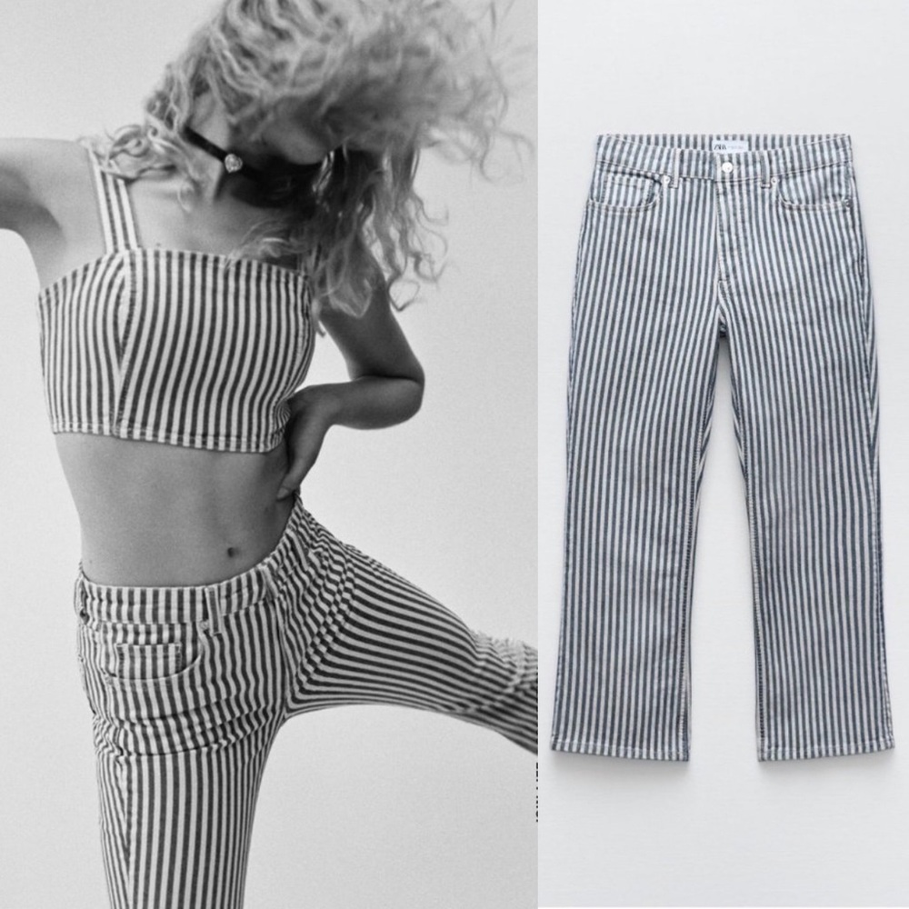 Zara Striped Cropped Flare Jeans 8